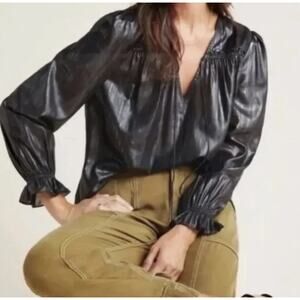 ANTHROPOLOGIE Current Air Shimmer Bristol Blouse Size XS Black Boho Peasant Top